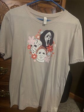 Bella Canvas Light Gray Short Sleeve Tee with Horror Mask Floral Graphic
